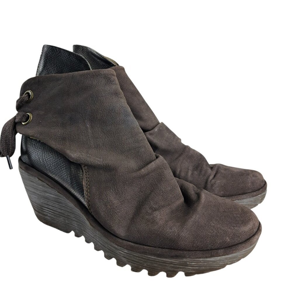 Fly London Yama Brown Suede Wedge Boots Size 41 US 10-10.5 Leather Ankle Chunky